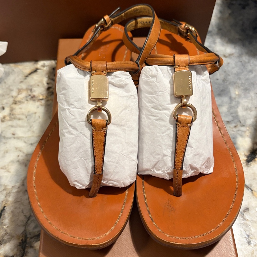 Coach Leather T-Strap Women's Sandals - Tan